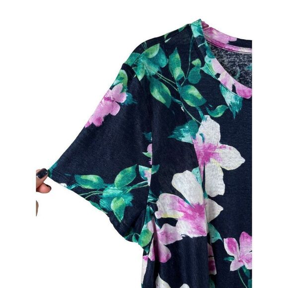 J. Jill Love Linen Tropical Floral Side Tie Short Sleeve Top Blouse Large Navy - Picture 4 of 9